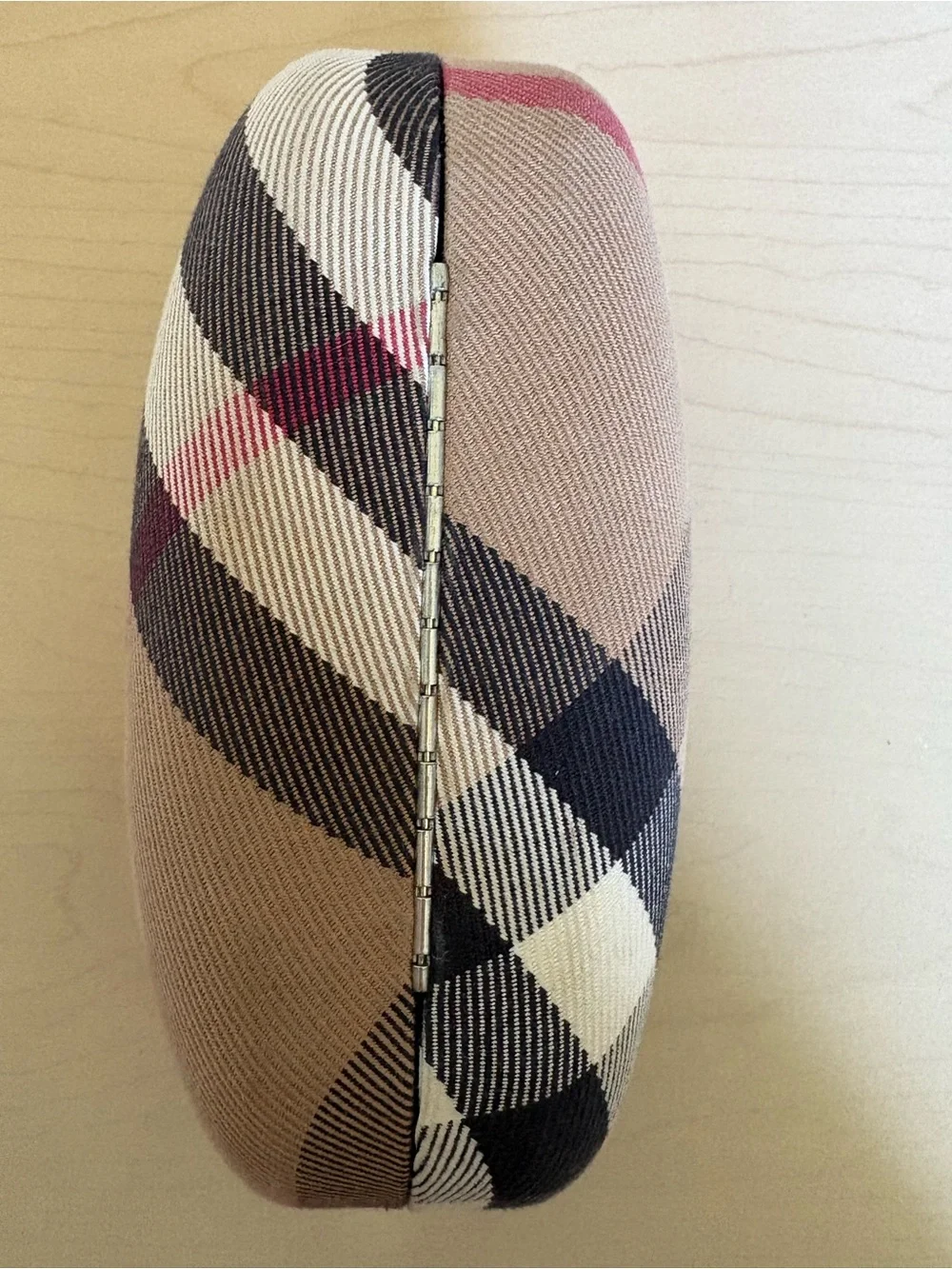 Burberry Tan Plaid Glasses Case with Pink and Black Stripes